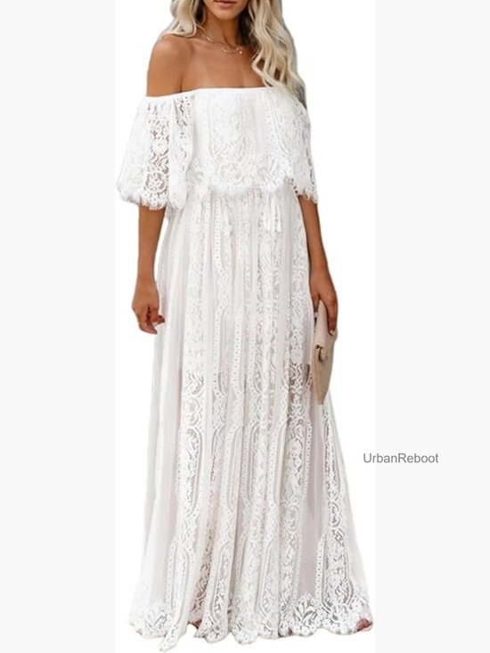 Dresses & Skirts - Off Shoulder Floral Lace Maxi Dress for Wedding Maternity Photoshoot Long